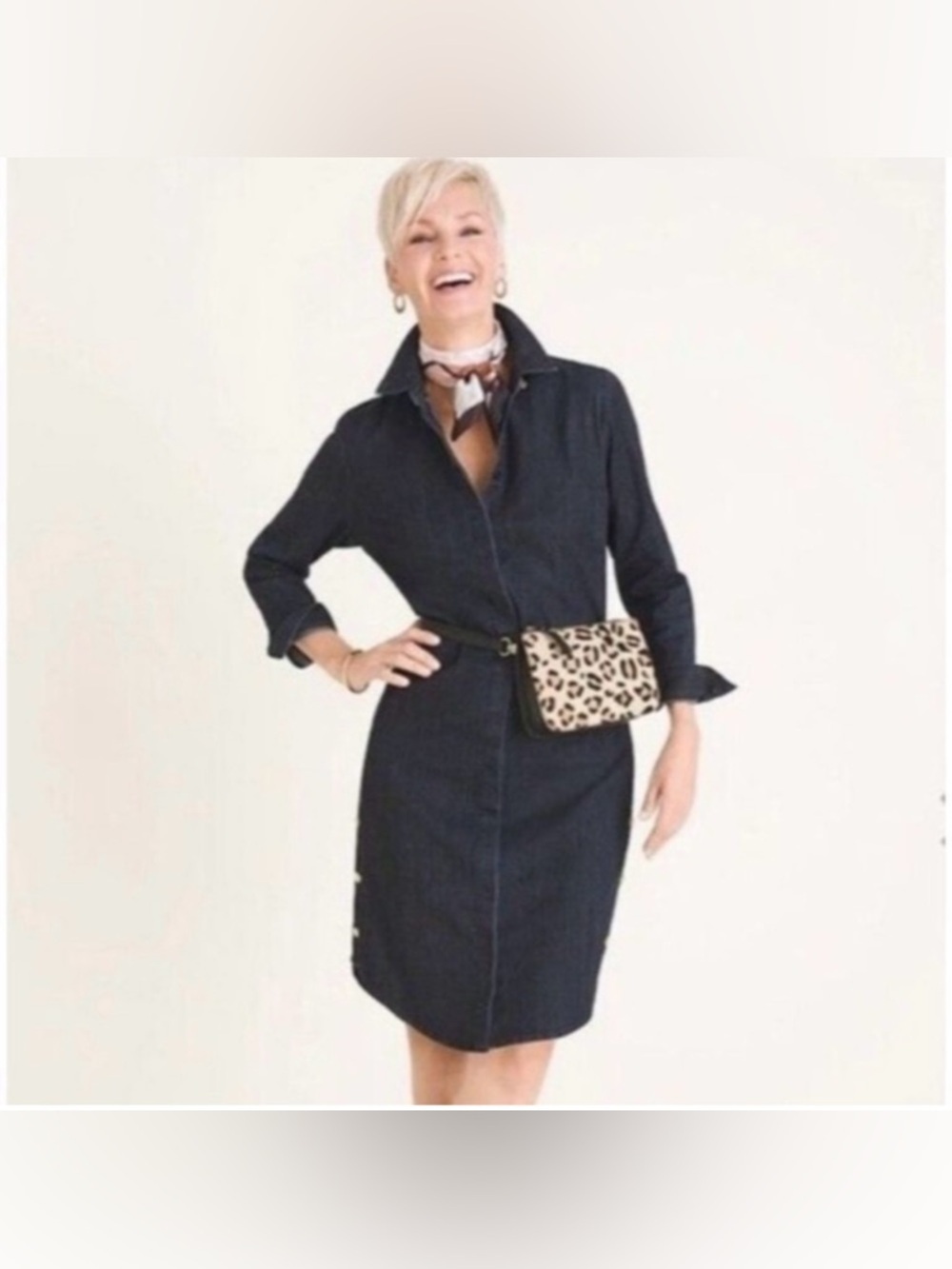 CHICO'S SZ: 3 US XL HIDDEN BUTTON DOWN FRONT BLUE JEAN LONG SLEEVE DRESS